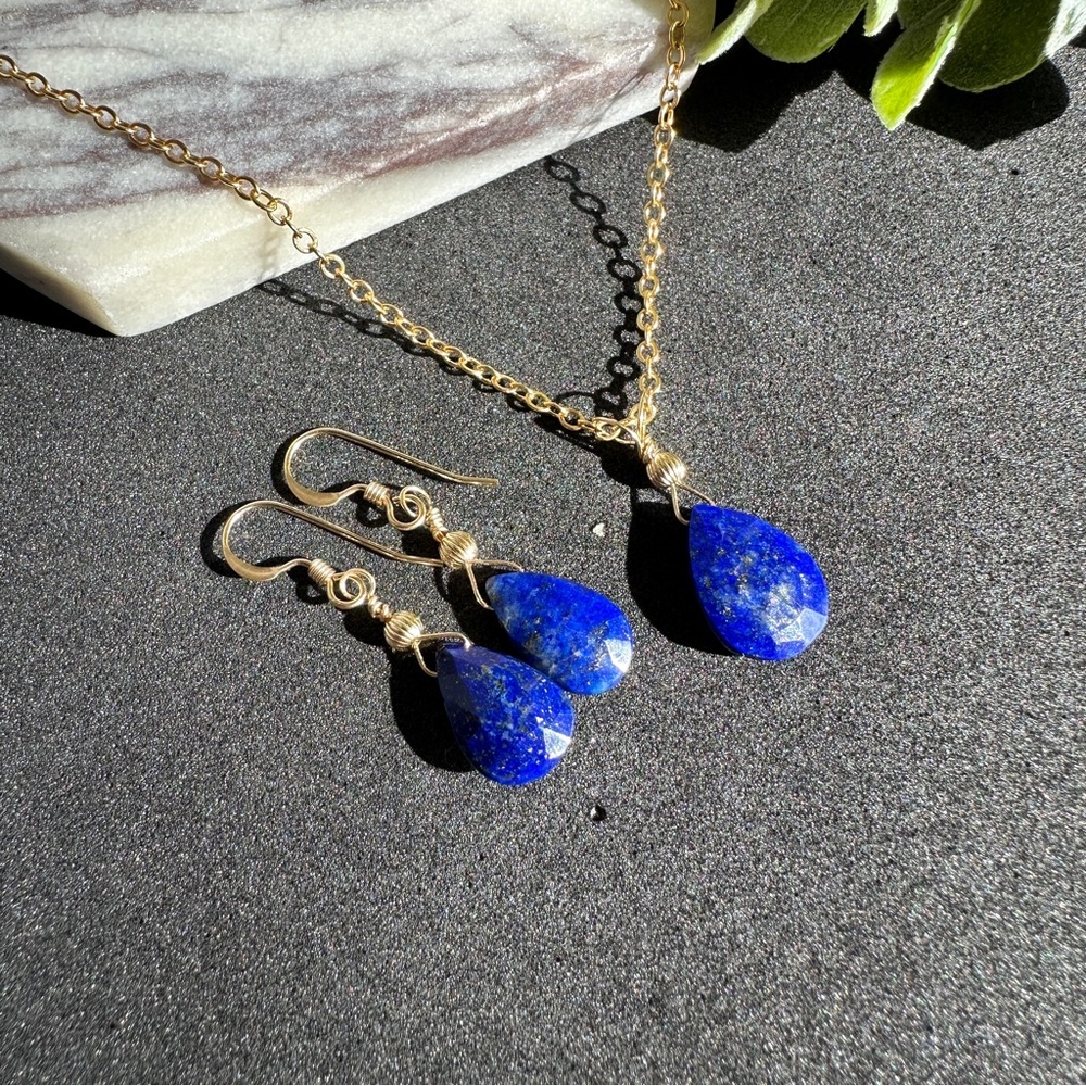 Lapis Lazuli Necklace Earrings Set 14k Gold Filled